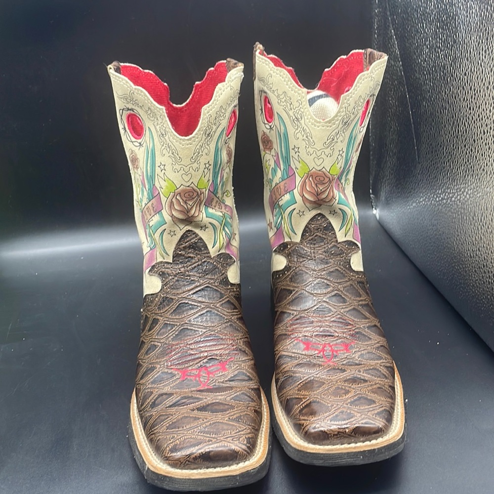 Ariat Brown Western Ankle Boots with Cream Shaft and Red & Teal Embroidery